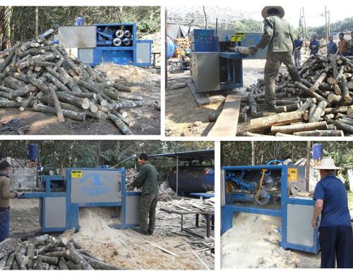 海南島-原木多片鋸150型鋸橡膠木加工現(xiàn)場(chǎng)